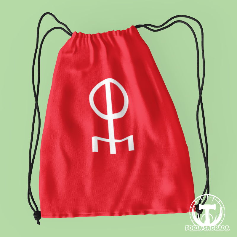 Bolsa roja de deporte con diseño vikingo de la runa Gebo, símbolo de amor y conexión eterna.
