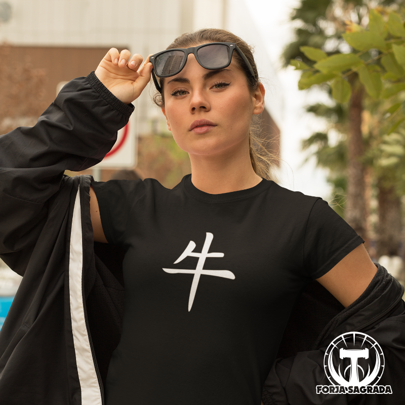 Camiseta negra para mujer con diseño del zodiaco chino Buey, símbolo de fuerza, determinación y perseverancia.