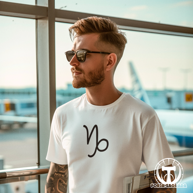 Camiseta blanca para hombre con el símbolo de Capricornio en negro, estilo astrológico y moderno.