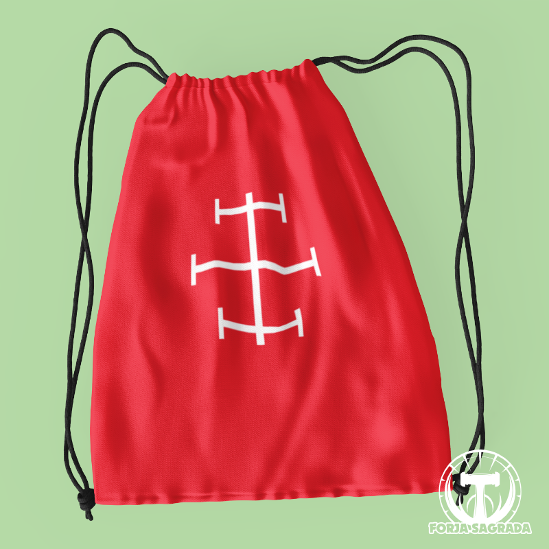 Bolsa roja de deporte con diseño vikingo de la runa Teiwaz, símbolo de enfoque, coraje y victoria.