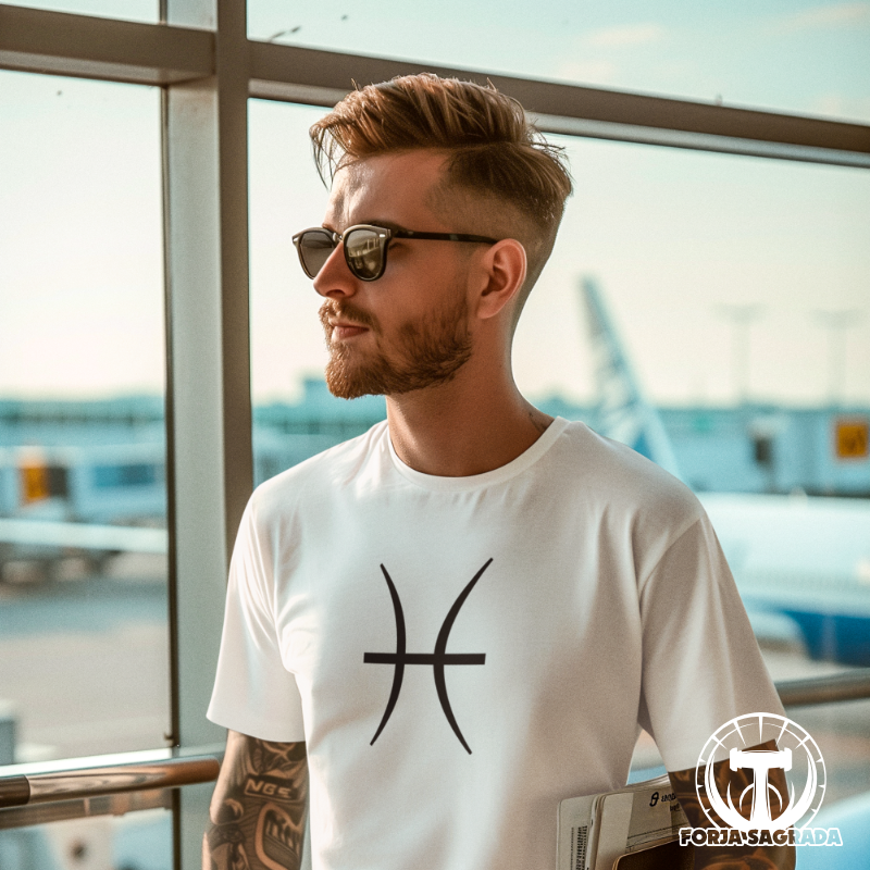Camiseta blanca para hombre con el símbolo de Piscis en negro, estilo astrológico y moderno.