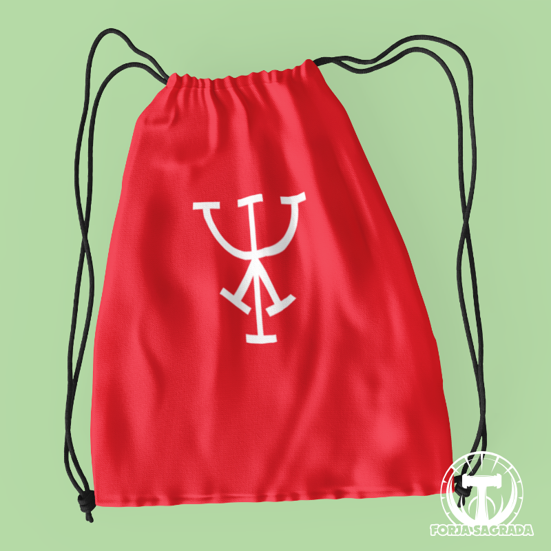 Bolsa roja de deporte con diseño vikingo de la runa Fehu, símbolo de prosperidad y abundancia.