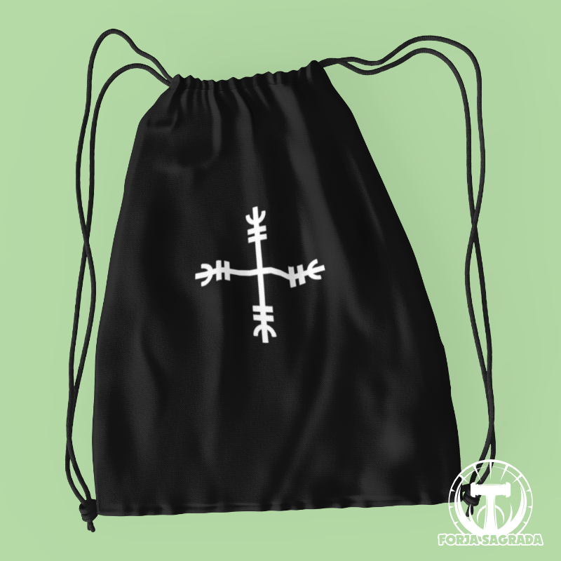 Bolsa negra de deporte con diseño vikingo de la runa Thurisaz, símbolo de protección y defensa.
