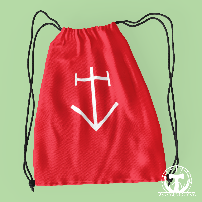 Bolsa roja de deporte con diseño vikingo de la runa Raido, símbolo de viaje, aventura y pasión.